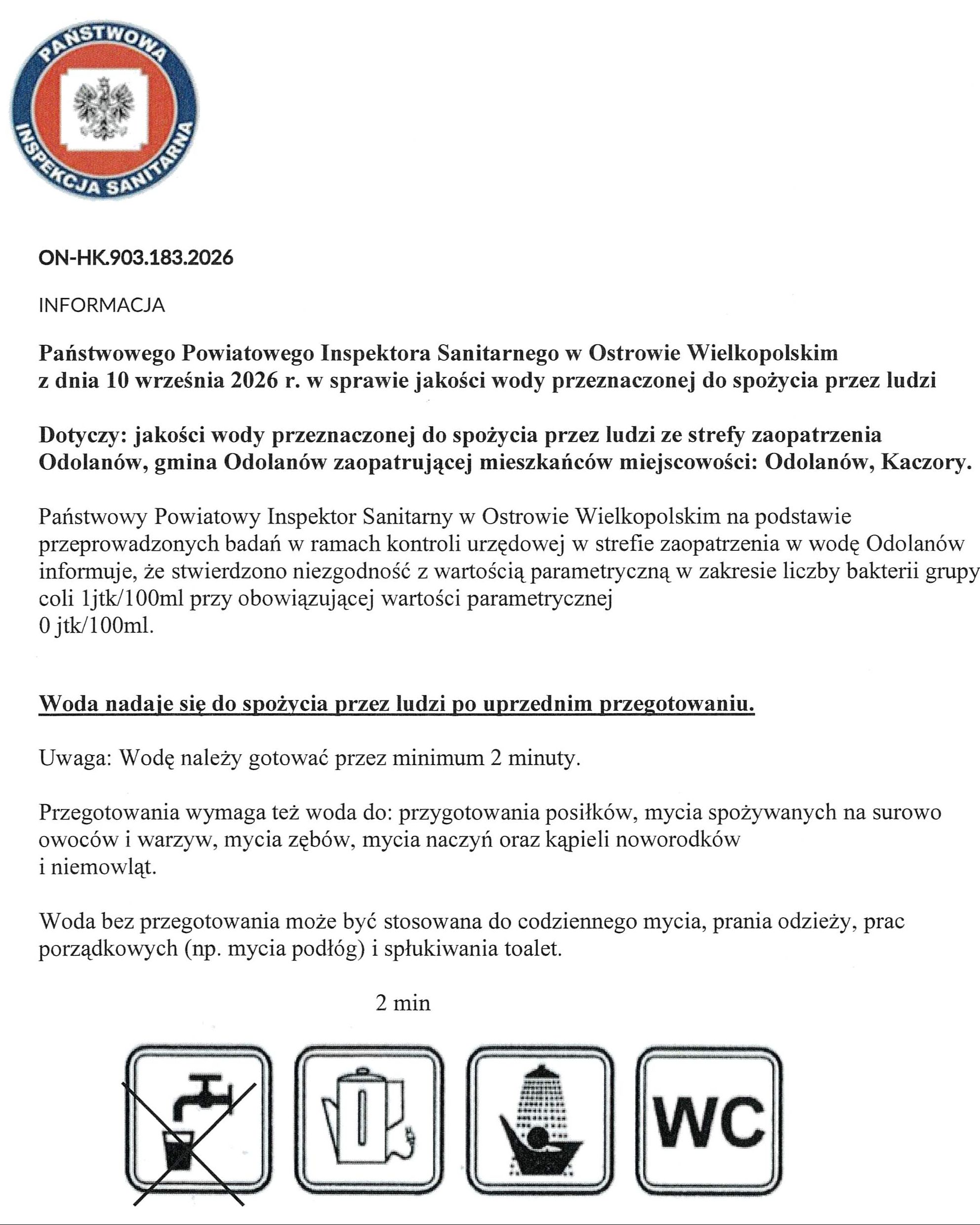 16.09.2026 AKTUALIZACJA – INFORMACJA DOTYCZĄCA JAKOŚCI WODY DLA MIESZKAŃCÓW STREFY ZAOPATRZENIA WODOCIĄGU ODOLANÓW