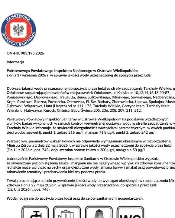 Informacja w sprawie jakości wody - Strefa zaopatrzenia wodociągu Tarchały Wielkie: Odolanów, Huta-Harych, Tarchały Wielkie, Gorzyce Małe, Tarchały Małe, Wierzbno, Nabyszyce, Kuroch, Gliśnica, Baby, Świeca nr 205, 206, 208, 209, 211, 212.