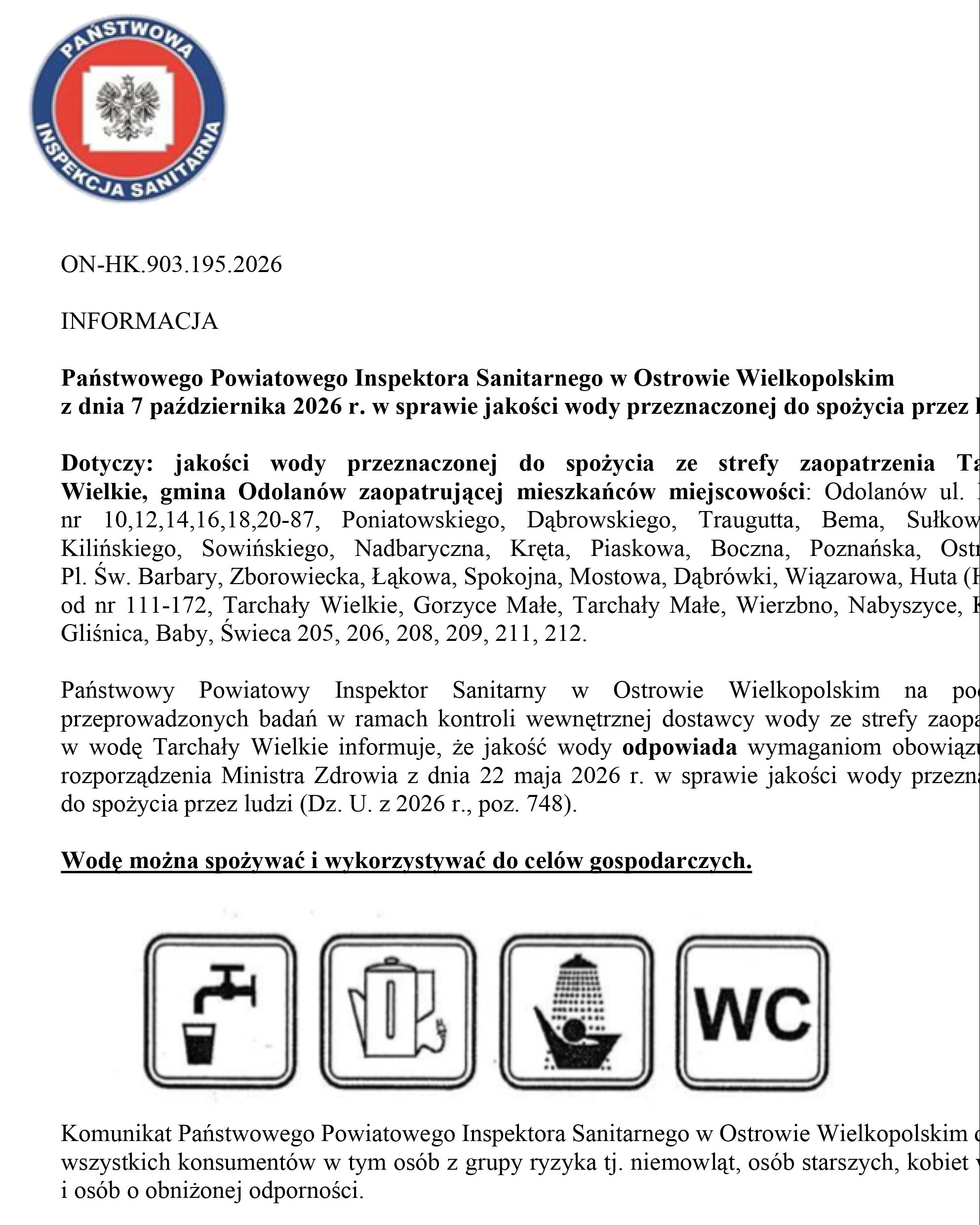 Informacja w sprawie jakości wody - Strefa zaopatrzenia wodociągu Tarchały Wielkie: Odolanów, Huta-Harych, Tarchały Wielkie, Gorzyce Małe, Tarchały Małe, Wierzbno, Nabyszyce, Kuroch, Gliśnica, Baby, Świeca nr 205, 206, 208, 209, 211, 212.